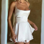Women Satin Spaghetti Strap Lace up Sexy A Line Dress