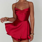 Women Satin Spaghetti Strap Lace up Sexy A Line Dress