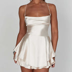 Women Satin Spaghetti Strap Lace up Sexy A Line Dress Champagne / S