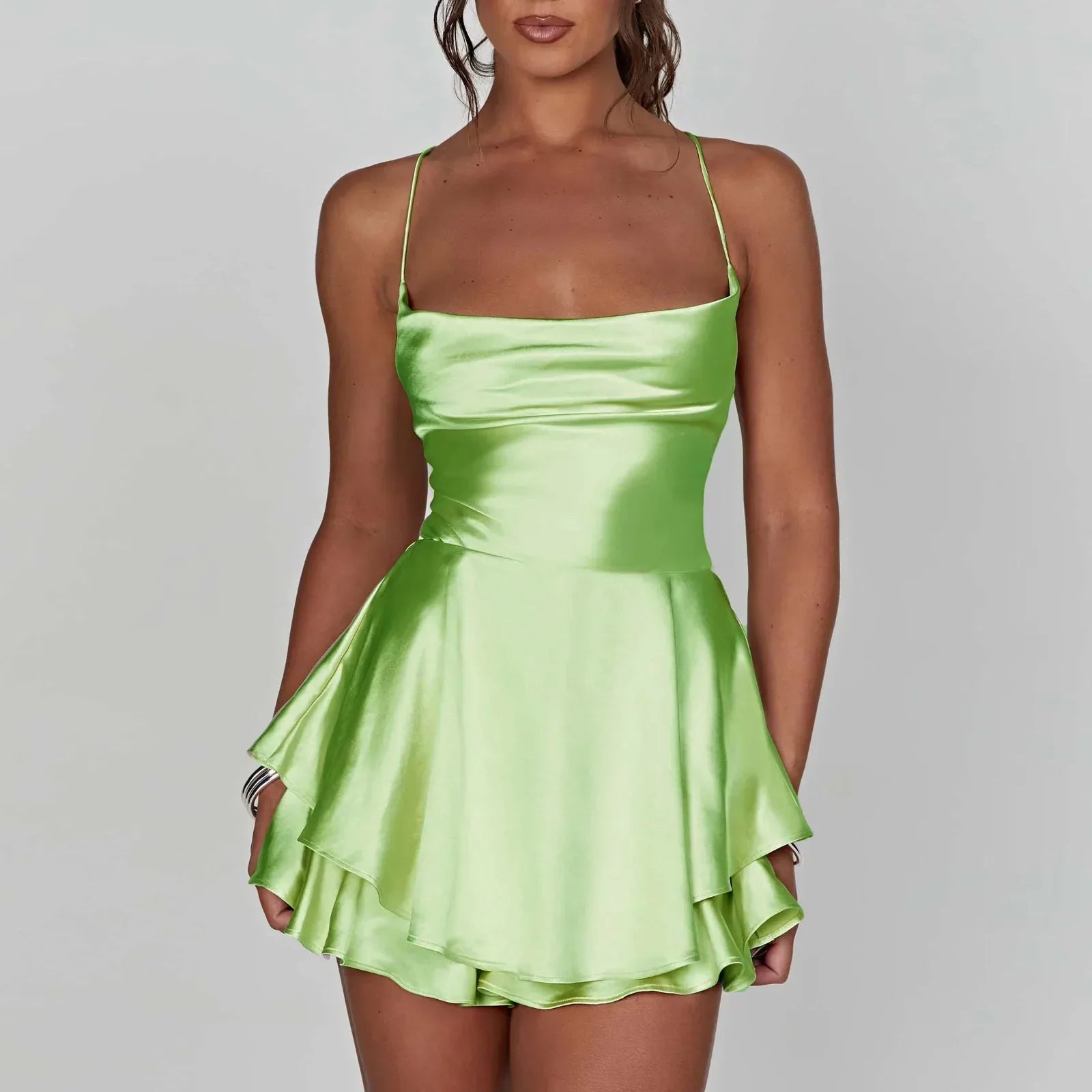 Women Satin Spaghetti Strap Lace up Sexy A Line Dress Light Green / S