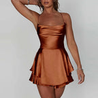 Women Satin Spaghetti Strap Lace up Sexy A Line Dress Brown / S