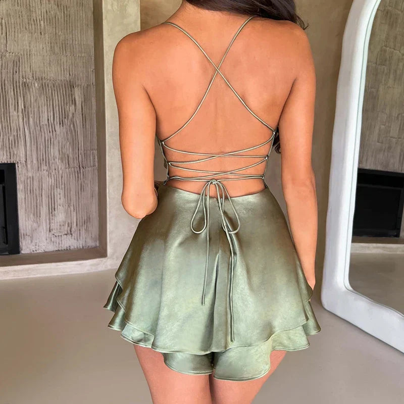 Women Satin Spaghetti Strap Lace up Sexy A Line Dress