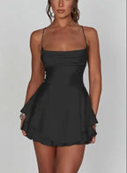 Women Satin Spaghetti Strap Lace up Sexy A Line Dress Black / S