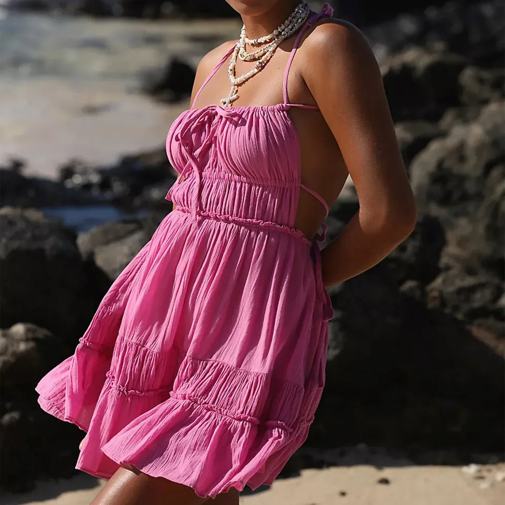 Solid Color Casual Ruffle Spaghetti Strap Backless Slip A Line Dress Pink / S