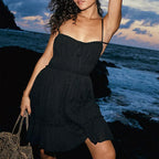 Solid Color Casual Ruffle Spaghetti Strap Backless Slip A Line Dress Black / S