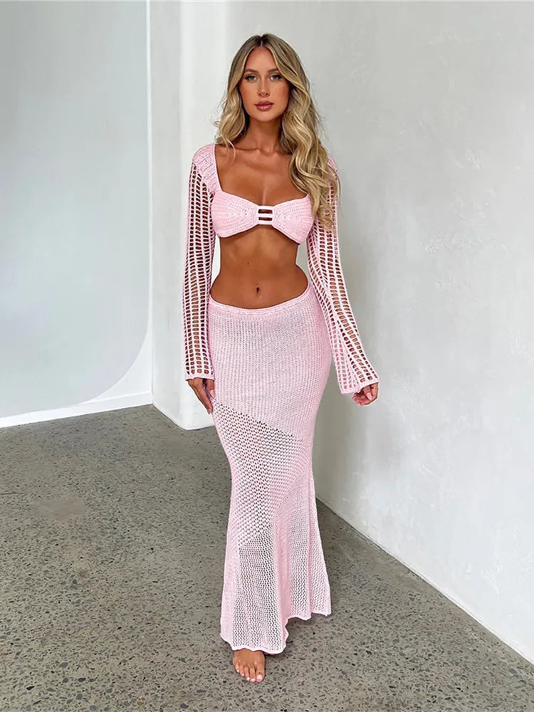 Women’s Crochet Knit 2 Piece Skirt Set Hollow Out Crop Top Long Sleeve Backless Tie Up Club Bodycon Outfits Lace Dress