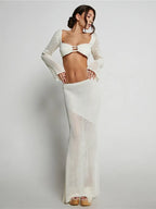 Women’s Crochet Knit 2 Piece Skirt Set Hollow Out Crop Top Long Sleeve Backless Tie Up Club Bodycon Outfits Lace Dress