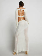 Women’s Crochet Knit 2 Piece Skirt Set Hollow Out Crop Top Long Sleeve Backless Tie Up Club Bodycon Outfits Lace Dress