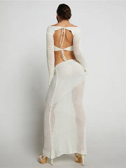 Women’s Crochet Knit 2 Piece Skirt Set Hollow Out Crop Top Long Sleeve Backless Tie Up Club Bodycon Outfits Lace Dress