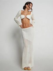 Women’s Crochet Knit 2 Piece Skirt Set Hollow Out Crop Top Long Sleeve Backless Tie Up Club Bodycon Outfits Lace Dress