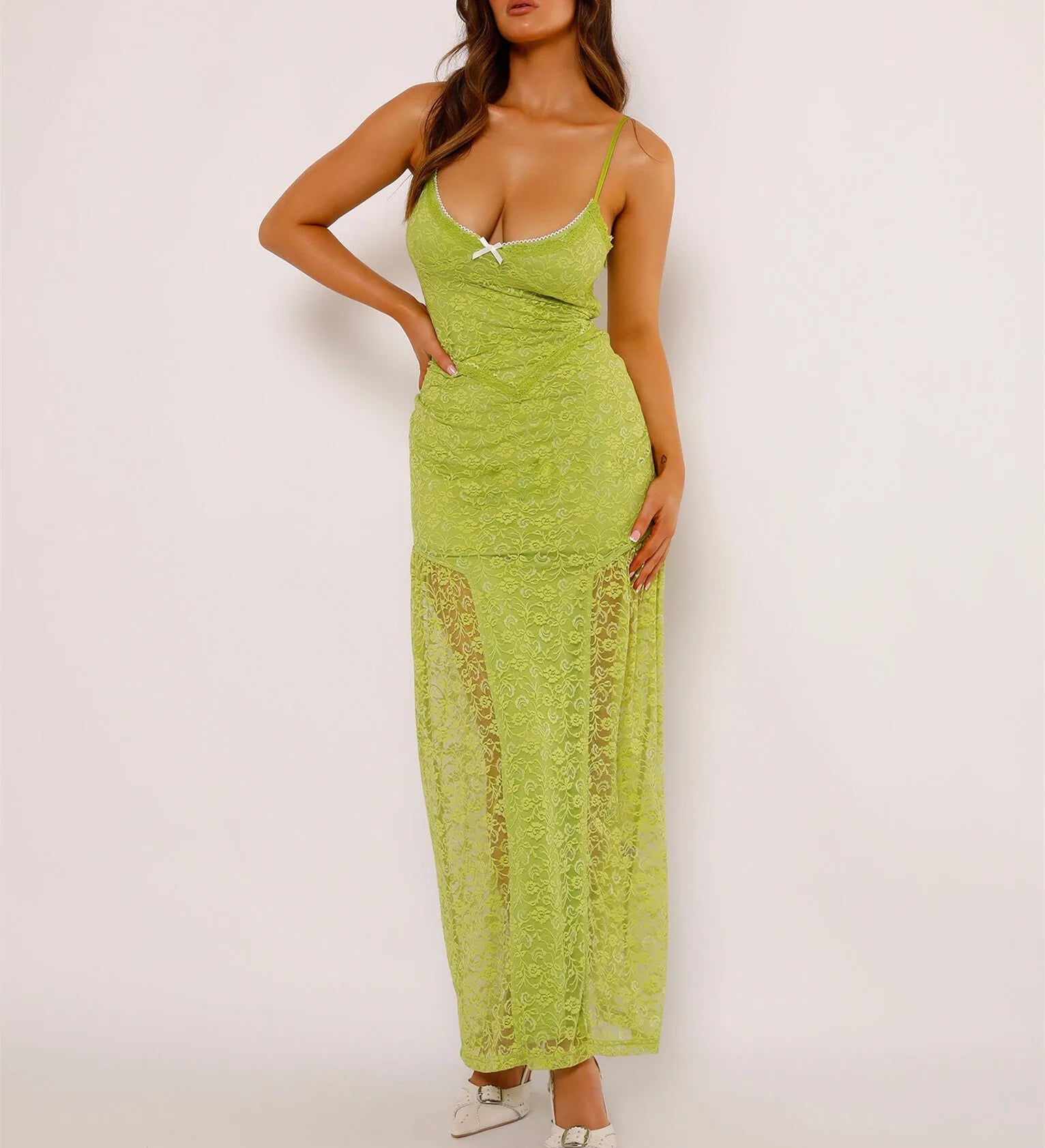 Women’s Green Lace Maxi Spaghetti Strap Solid Color Bodycon Long Elegant Party Club Lace Dress Green / S Main image