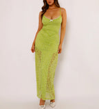 Women’s Green Lace Maxi Spaghetti Strap Solid Color Bodycon Long Elegant Party Club Lace Dress