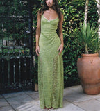 Women’s Green Lace Maxi Spaghetti Strap Solid Color Bodycon Long Elegant Party Club Lace Dress
