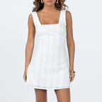 Summer Tank Sleeveless Square Neck Lace Trim Solid Color A line Short Mini Lace Dress