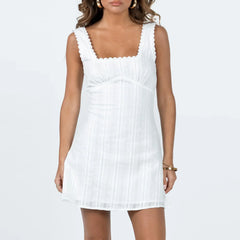 Summer Tank Sleeveless Square Neck Lace Trim Solid Color A line Short Mini Lace Dress