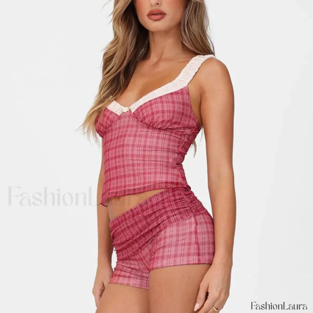 Hit Color Slim Shorts Two Piece Set PINK VEST / S