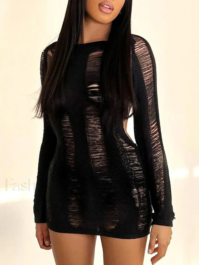 Holes Ripped Knit Backless Hollow Out Cover Up Black / S Main image