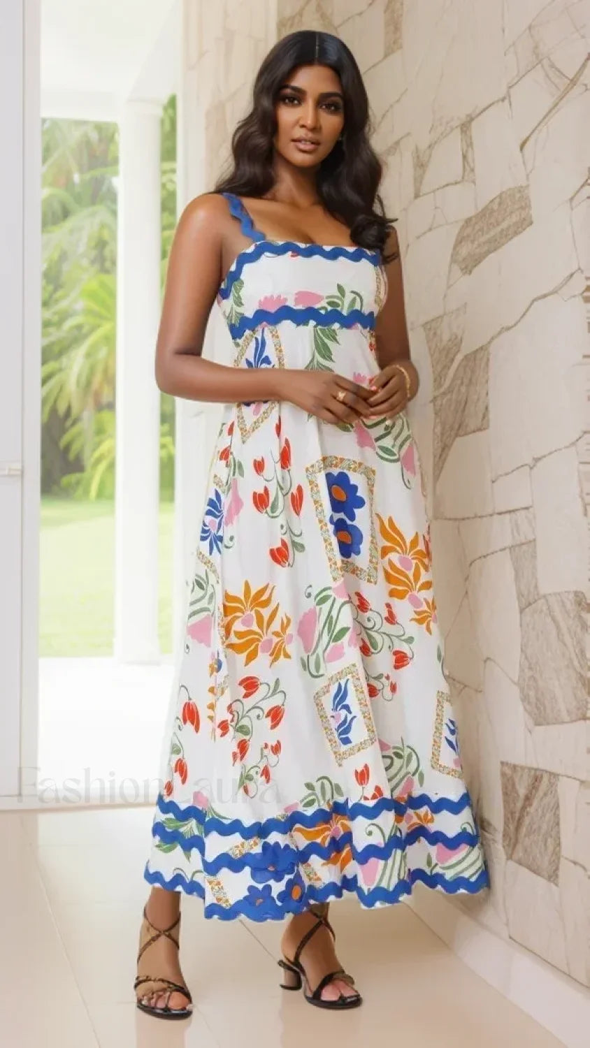 Holiday Digital Printed Long Women Fashion Summer Elegant A Line Vintage Sling Maxi Dress
