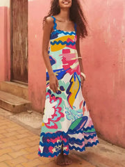 Holiday Digital Printed Long Women Fashion Summer Elegant A Line Vintage Sling Maxi Dress