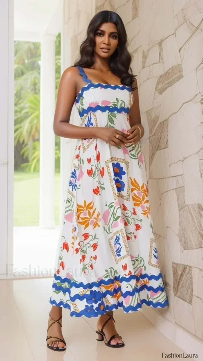 Holiday Digital Printed Long Women Fashion Summer Elegant A Line Vintage Sling Maxi Dress