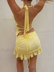 Holiday Ruffles V Neck Halter Mini Skirt Two Piece Set