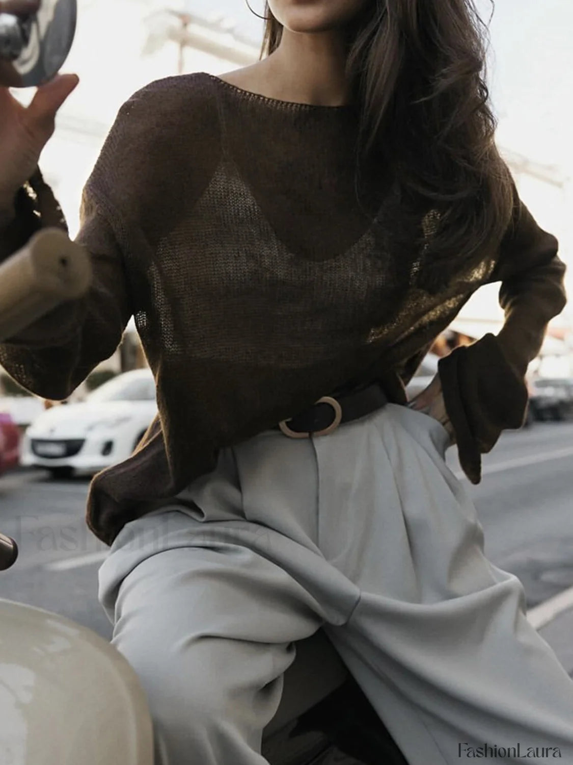 Hollow Draped Snug Knit Top Dark Brown / XS Knit Tops