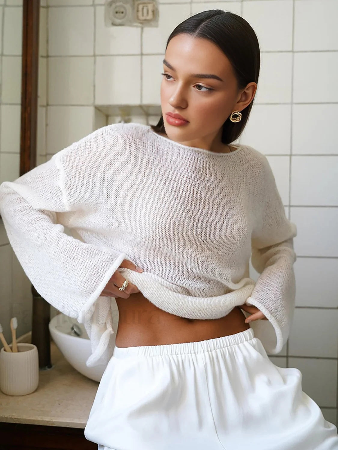 Hollow Draped Snug Knit Top Secondary image