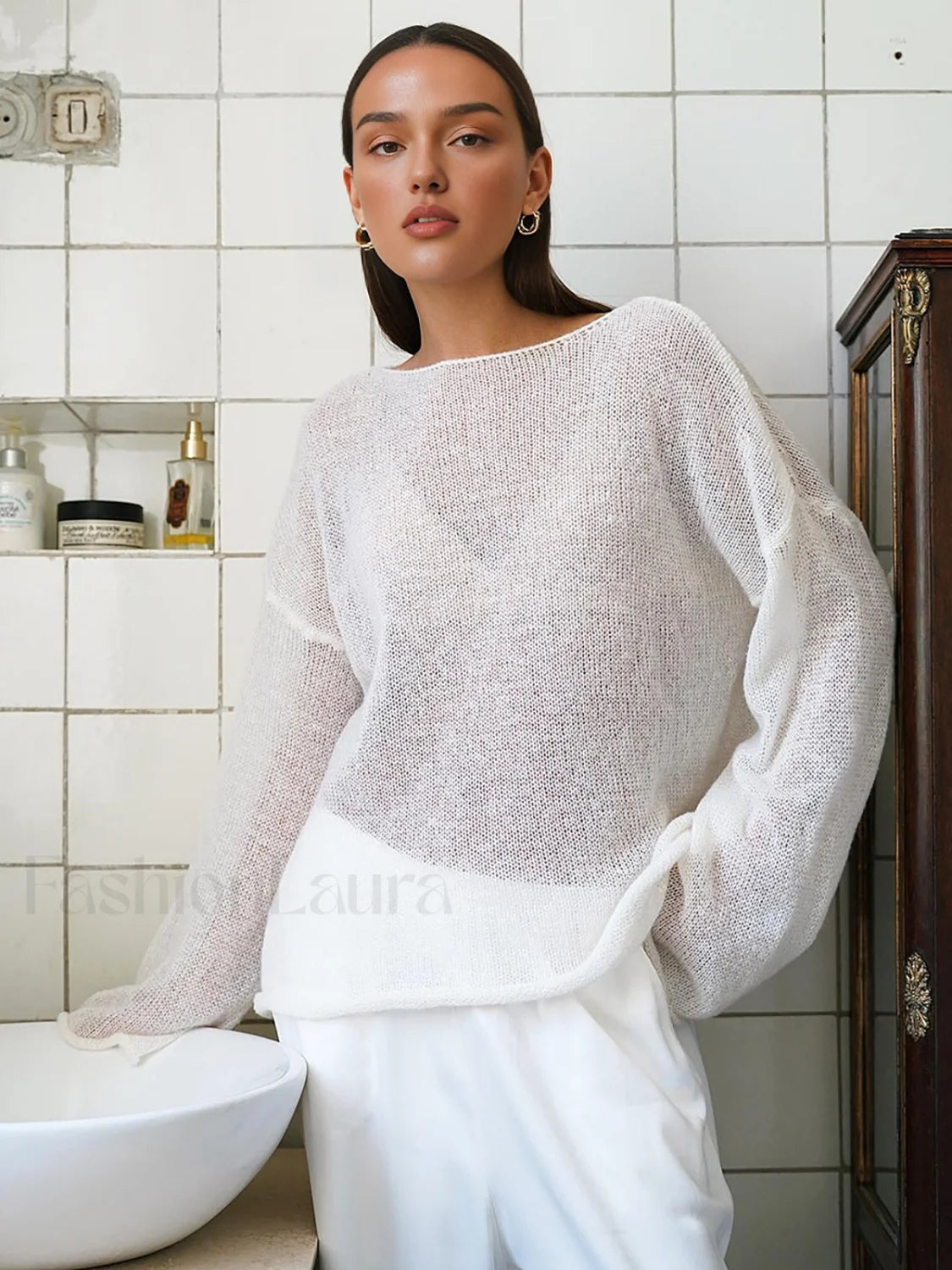 Hollow Draped Snug Knit Top White / XS Knit Tops Main image