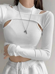 Hollow Knitted Two piece Crop Top Long Sleeve Tee