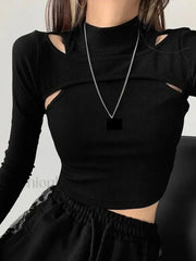 Hollow Knitted Two piece Crop Top Long Sleeve Tee