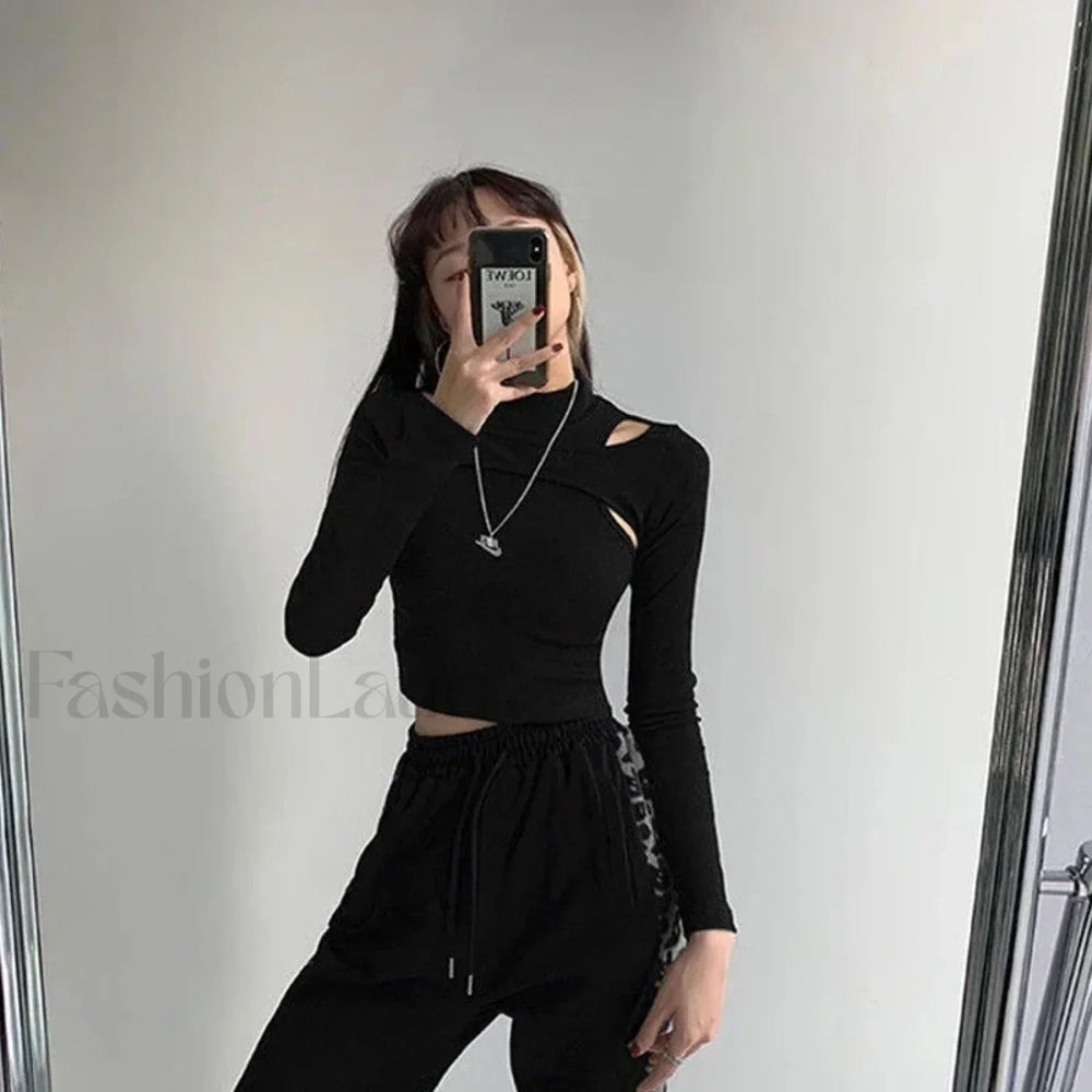 Hollow Knitted Two piece Crop Top Long Sleeve Tee Black / S