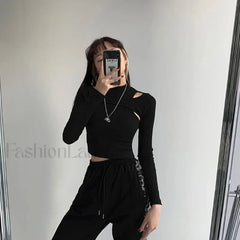 Hollow Knitted Two piece Crop Top Long Sleeve Tee Black / S