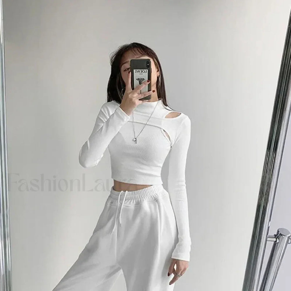 Hollow Knitted Two piece Crop Top Long Sleeve Tee WHITE / S