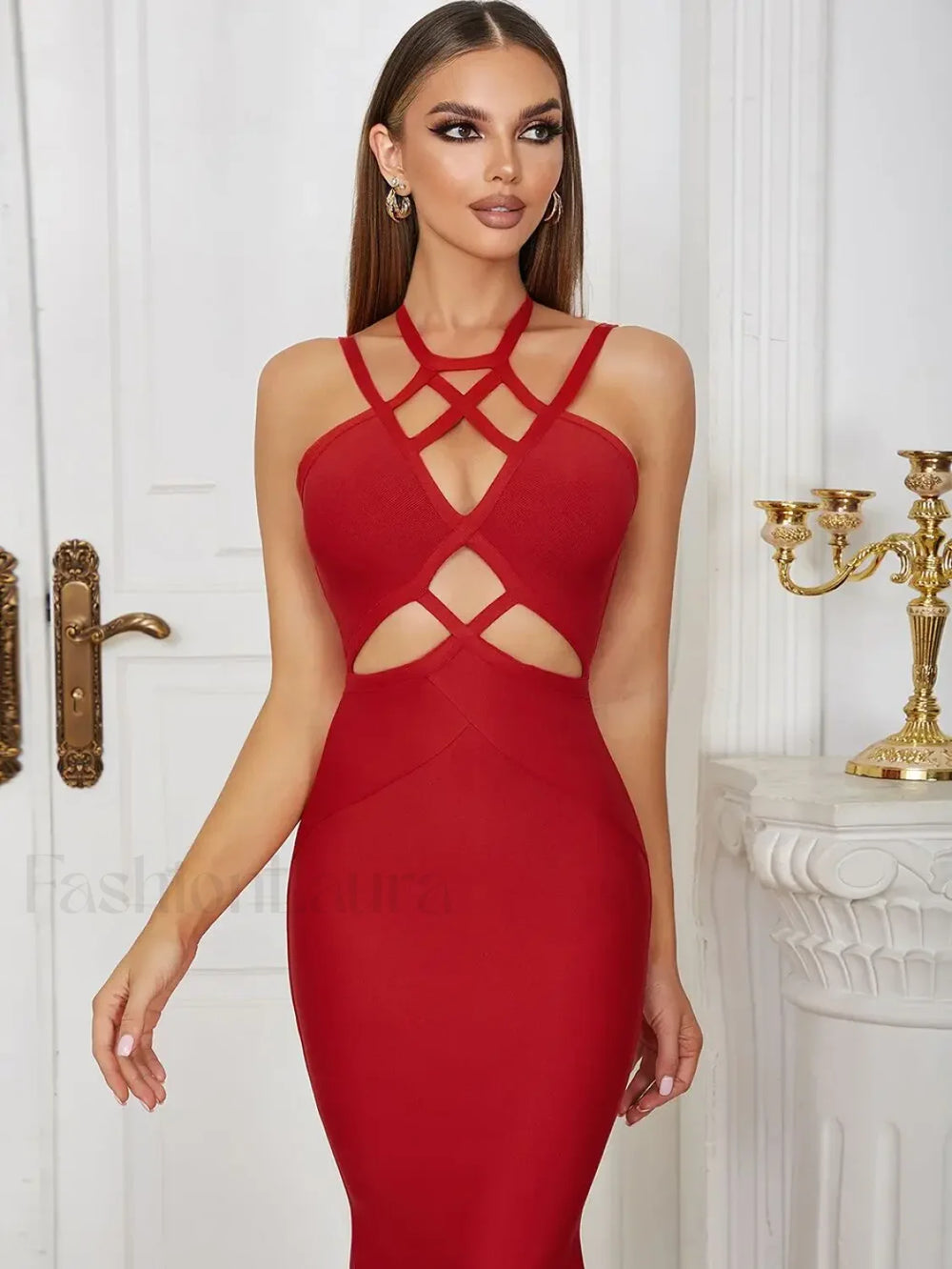 Hollow Lace Up Spaghetti Midi Dress