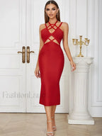 Hollow Lace Up Spaghetti Midi Dress