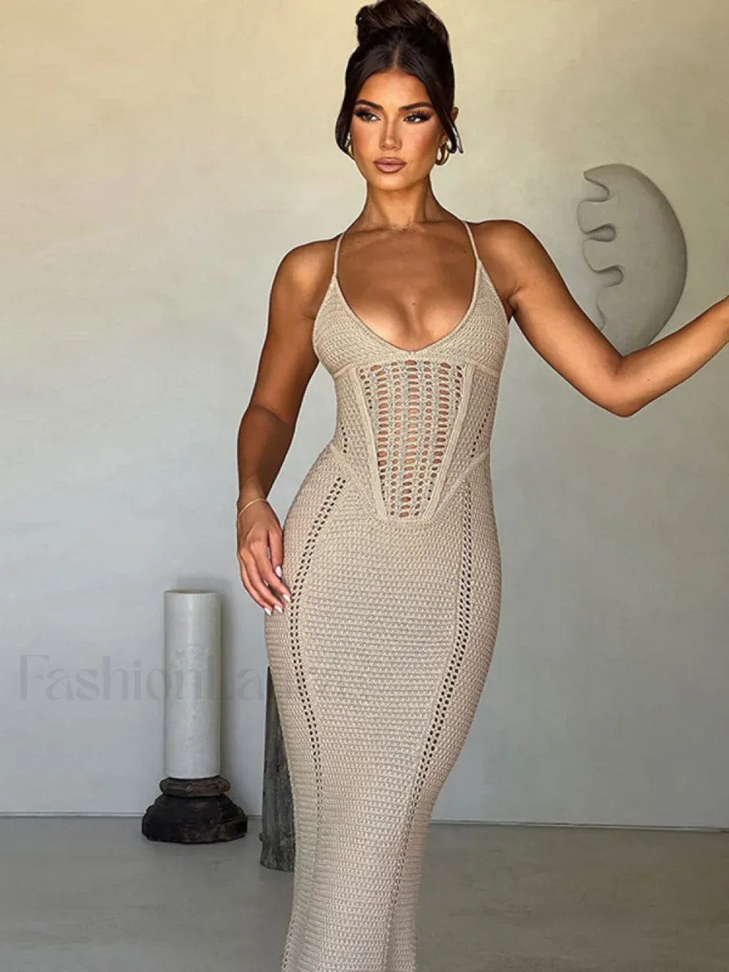 Hollow Lace Up Sweater Maxi Dress