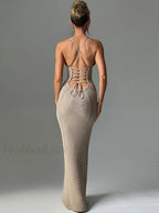 Hollow Lace Up Sweater Maxi Dress