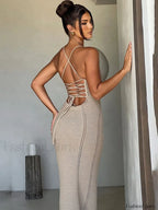 Hollow Lace Up Sweater Maxi Dress Khaki / S