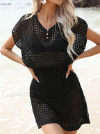 Hollow Out Button Short Sleeve Cover Up Black / S