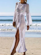 Hollow Out Crochet Tunic Cover Up WHITE / One Size