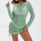 Hollow Out Knit Cutout Long Sleeves Cover Ups Green / S
