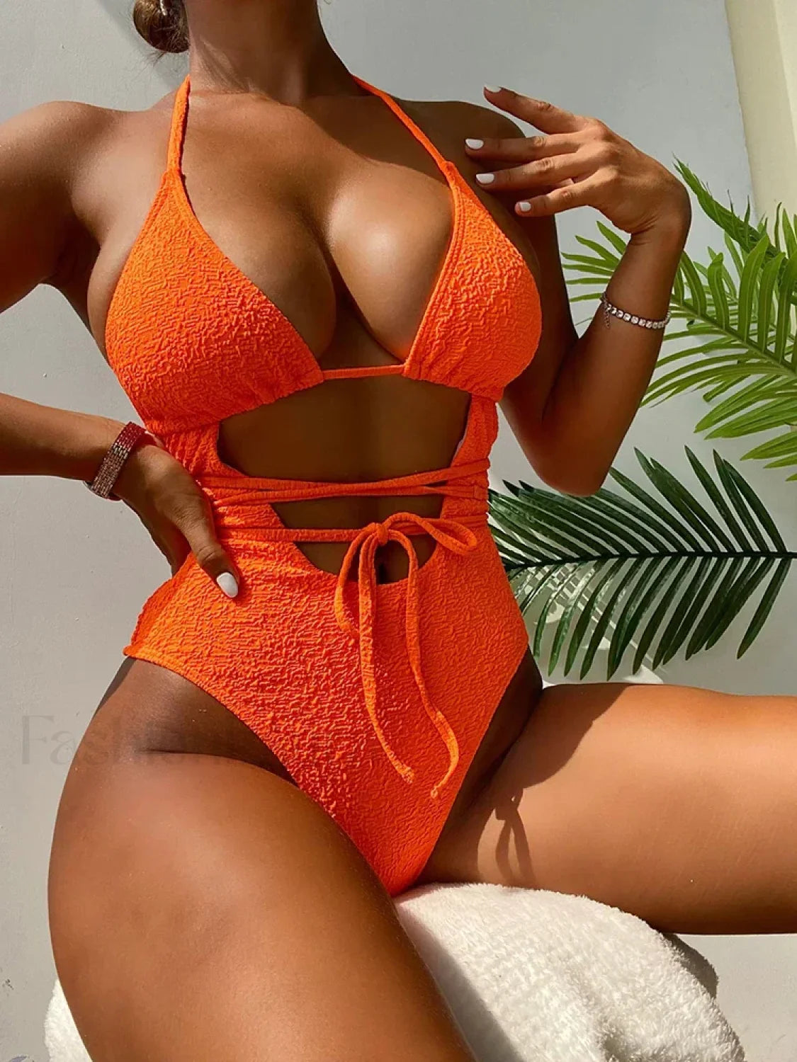 Hollow Out Lace Up Backless One Piece Orange / S