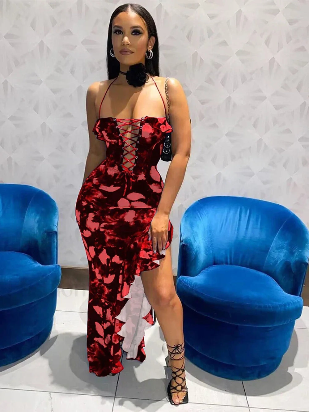 Hollow Out Lace Up Floral Dress Red / S