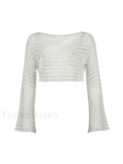 Hollow Out Long Sleeve Knit Crop Top Tops&Tees