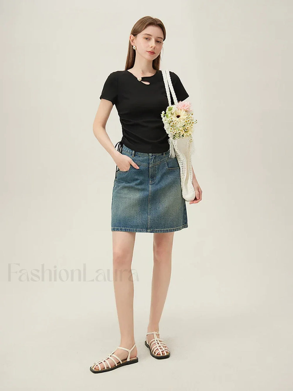 Hollow Out Slim Drawstring Black T Shirt