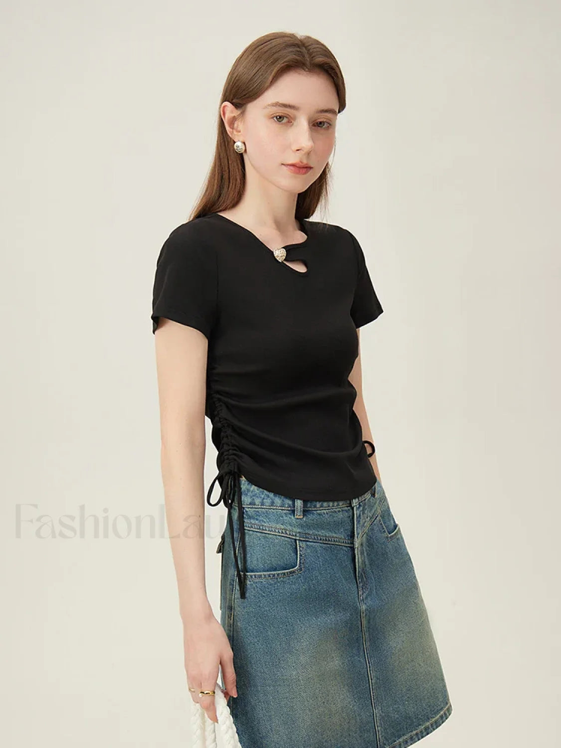Hollow Out Slim Drawstring Black T Shirt Main image
