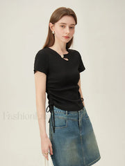 Hollow Out Slim Drawstring Black T Shirt