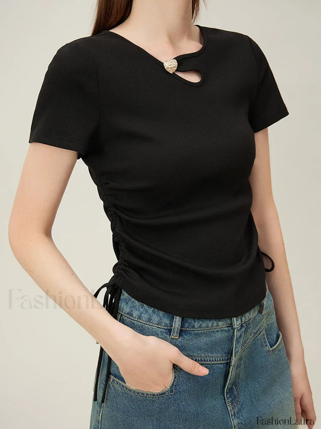 Hollow Out Slim Drawstring Black T Shirt Black / S