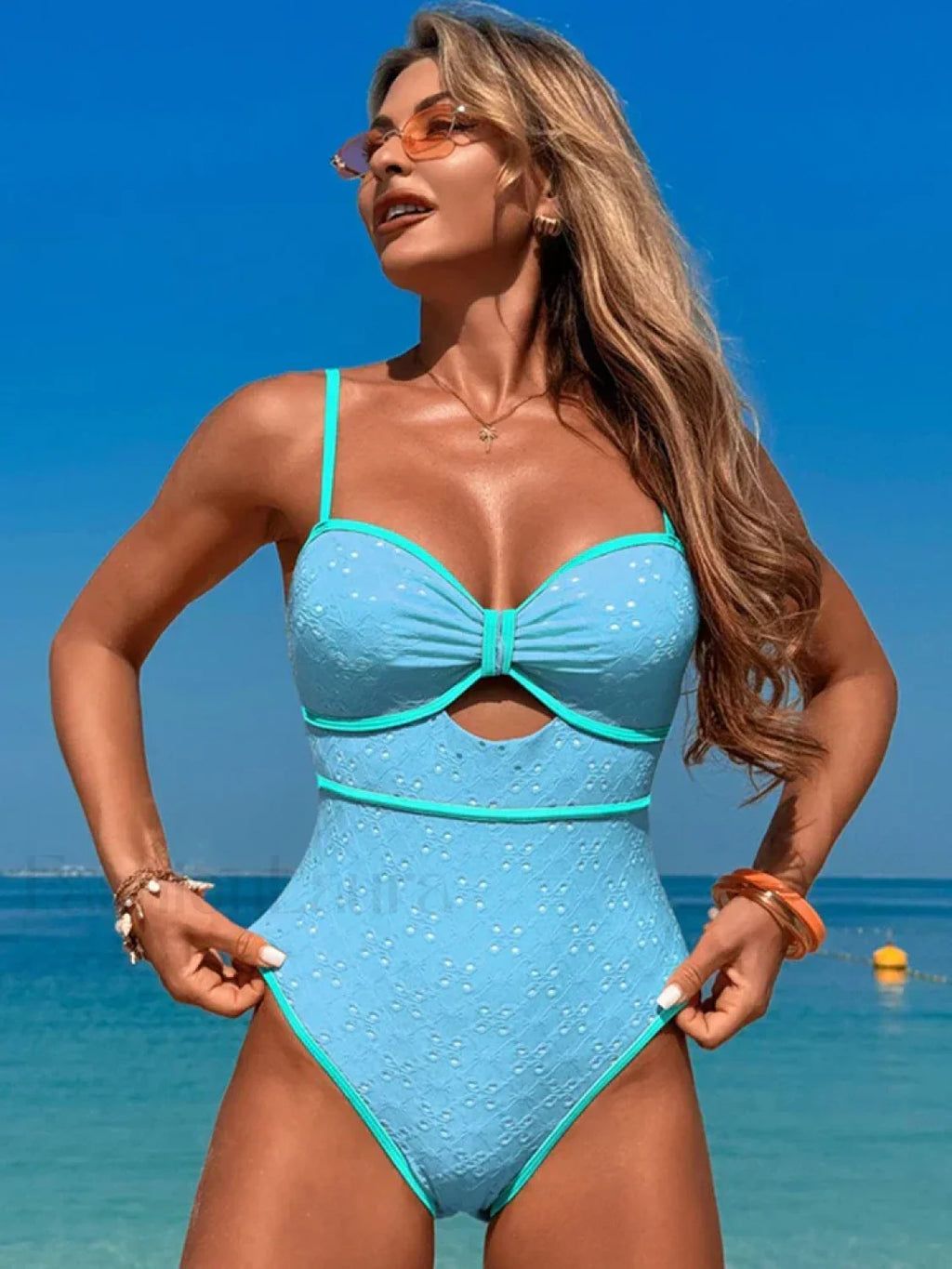 Hollow Out Slim Spliced One Piece Blue / S