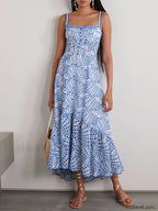Hollow Out Square Collar Floral Dress Blue / S